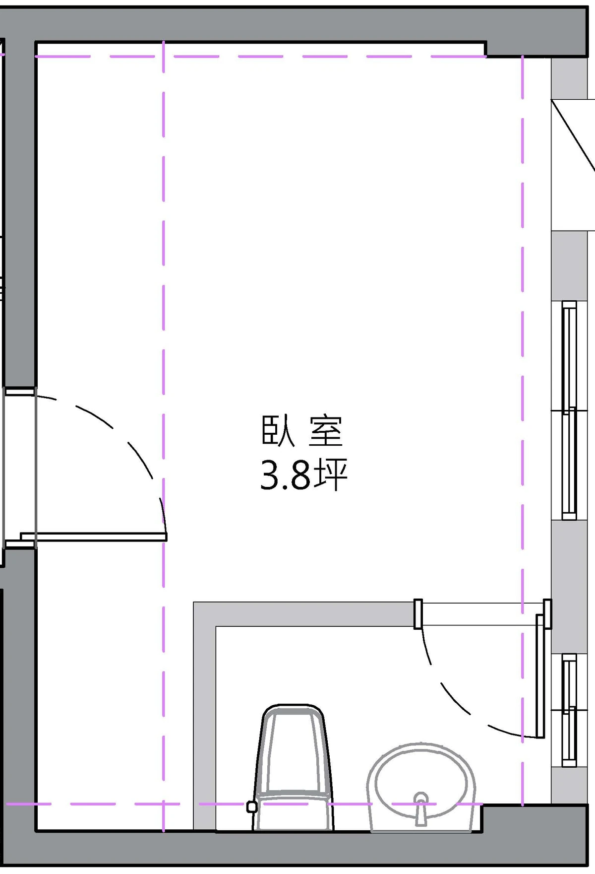 東區辜宅四樓原始平面圖：3.8 坪臥室，角落附馬桶與洗手台