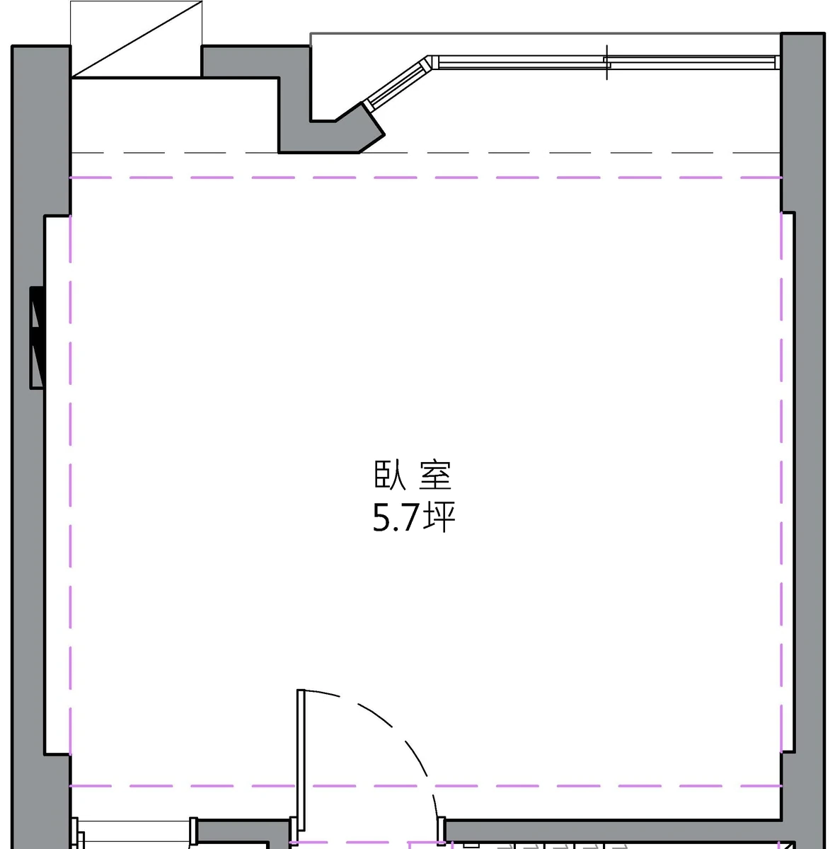 東區辜宅三樓原始平面圖：5.7 坪臥室，窗邊外凸