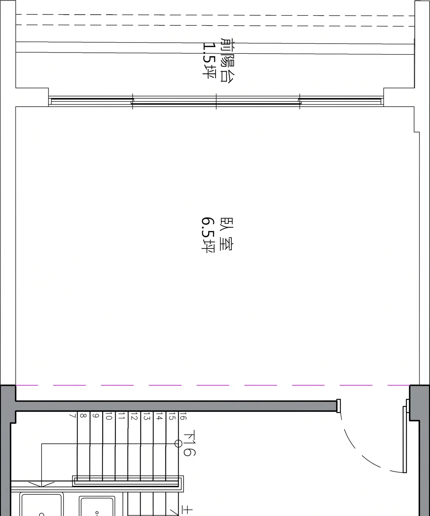 北區邱宅三樓原始平面圖：6.5 坪大房間，前方是 1.5 坪前陽台