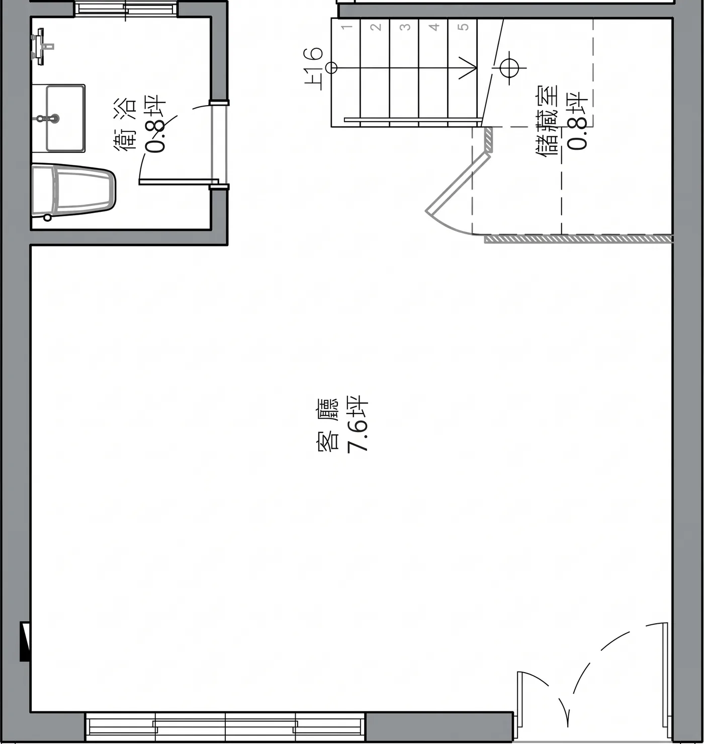 北區邱宅一樓客廳原始平面圖：7.6 坪客廳，樓梯下儲藏室的門開向客廳