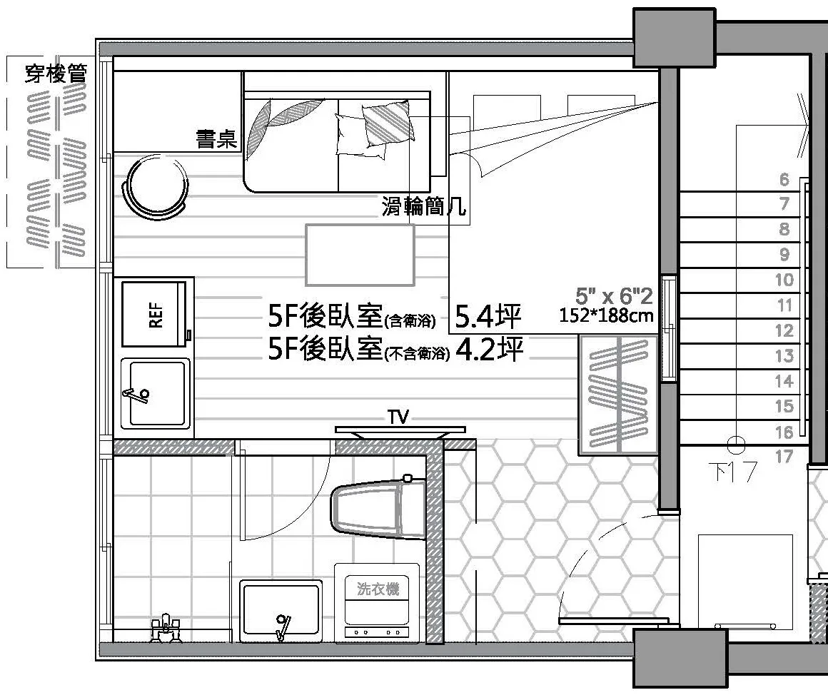 5F後套房平面配置圖：5.4 坪，含衛浴、洗衣機、Minibar 與雙人床。