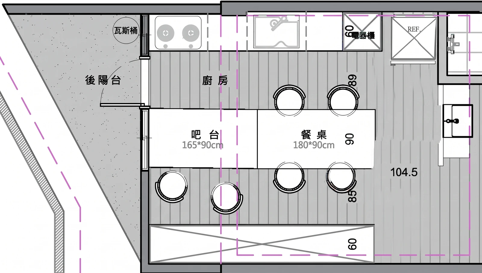 永康張宅一樓改造後平面圖：拆除舊儲藏室，廚房結合吧台與餐桌