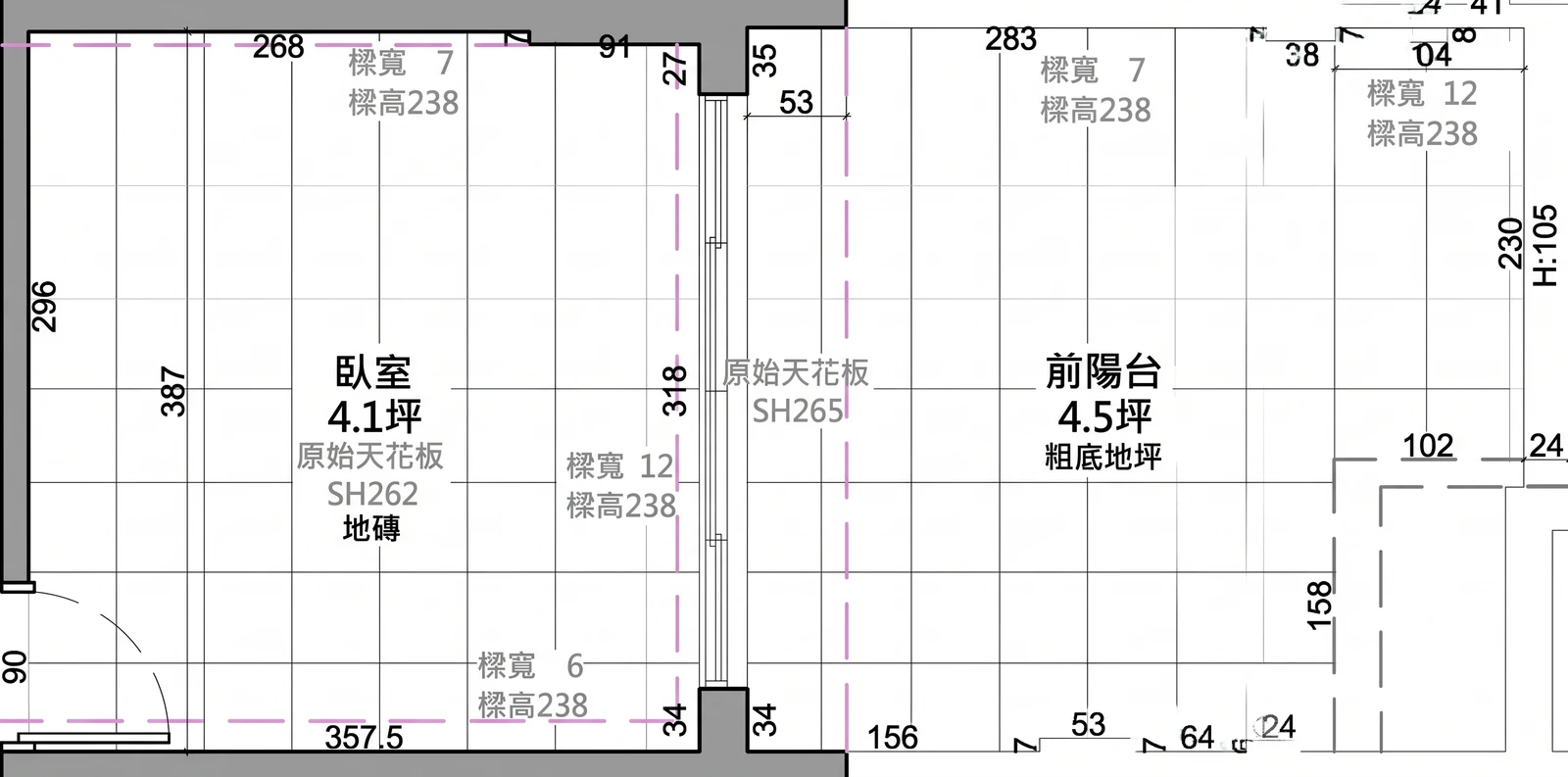 永康張宅三樓原始平面圖：4.1 坪前房與 4.5 坪粗底前陽台
