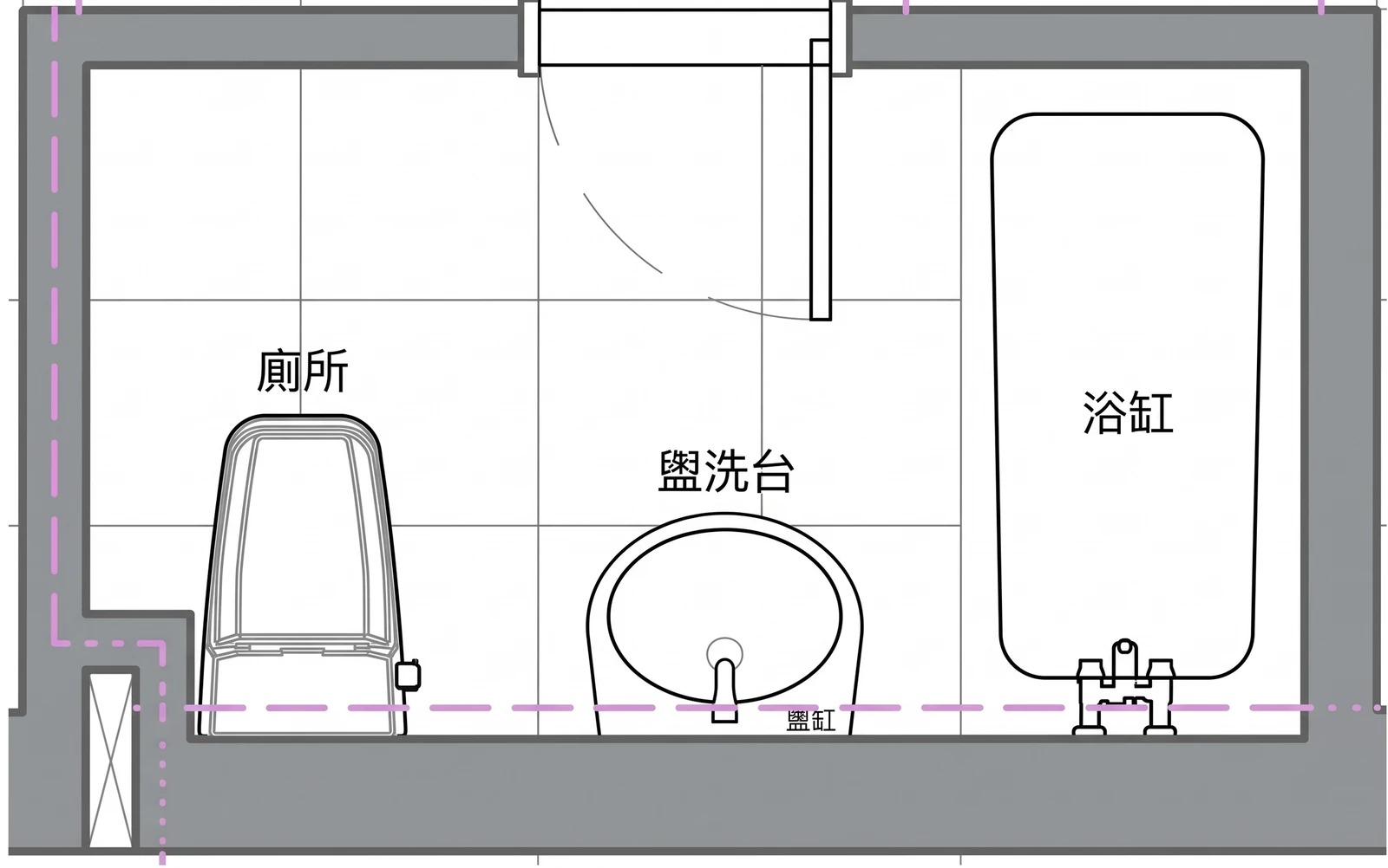 永康陳宅二樓主衛浴原始平面圖：馬桶、面盆與浴缸擠在同一間